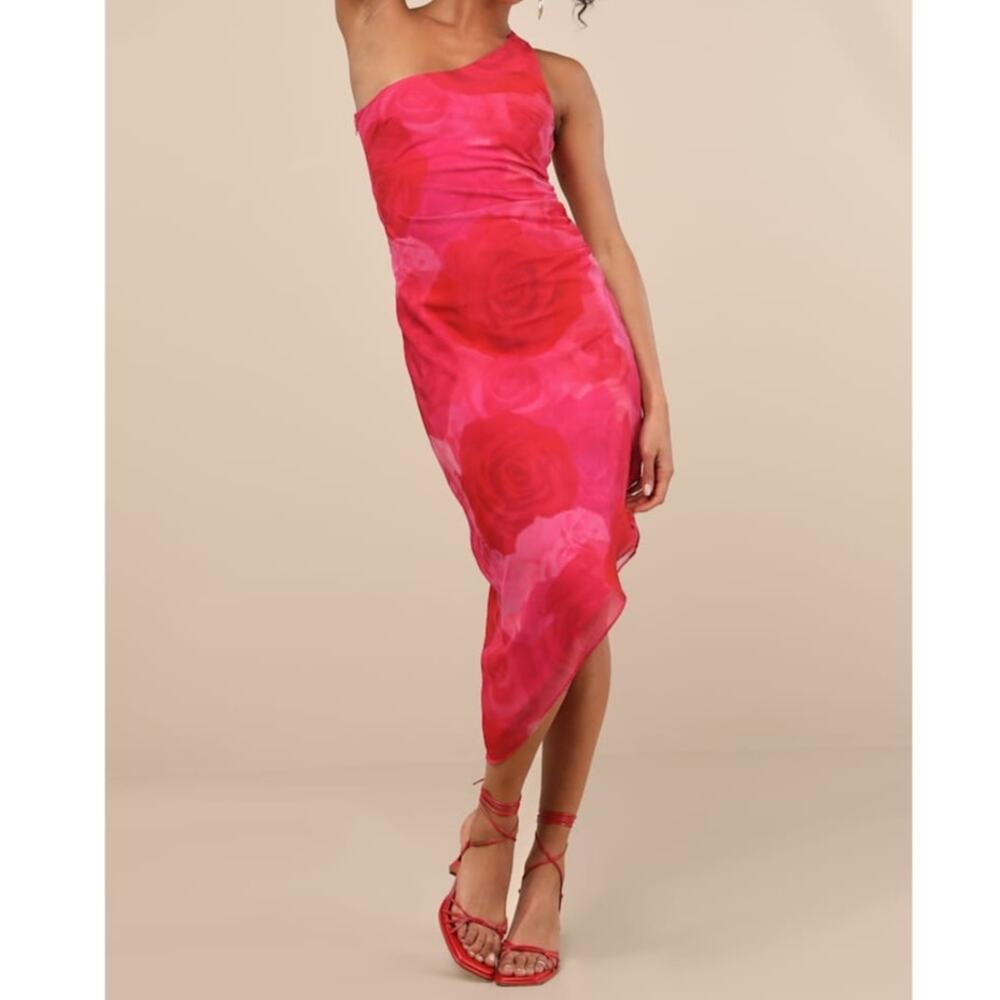 NEW Lulus Pretty Serene Pink Floral One-Shoulder Asymmetrical Midi Dress Medium